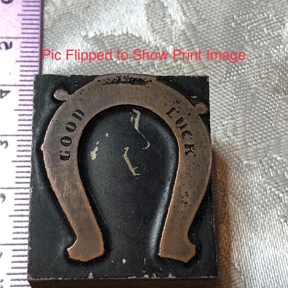 Antique Wooden Print Block Copper Good Luck Horseshoe - Picture 1 of 4